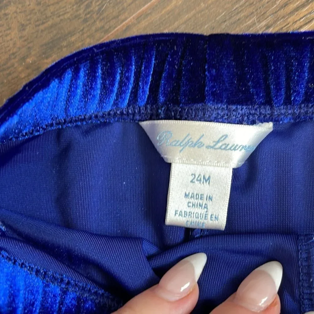 EUC Ralph Lauren Holiday Set Bottom Set Blue Velvet Leggings + Ivory Pleated Top